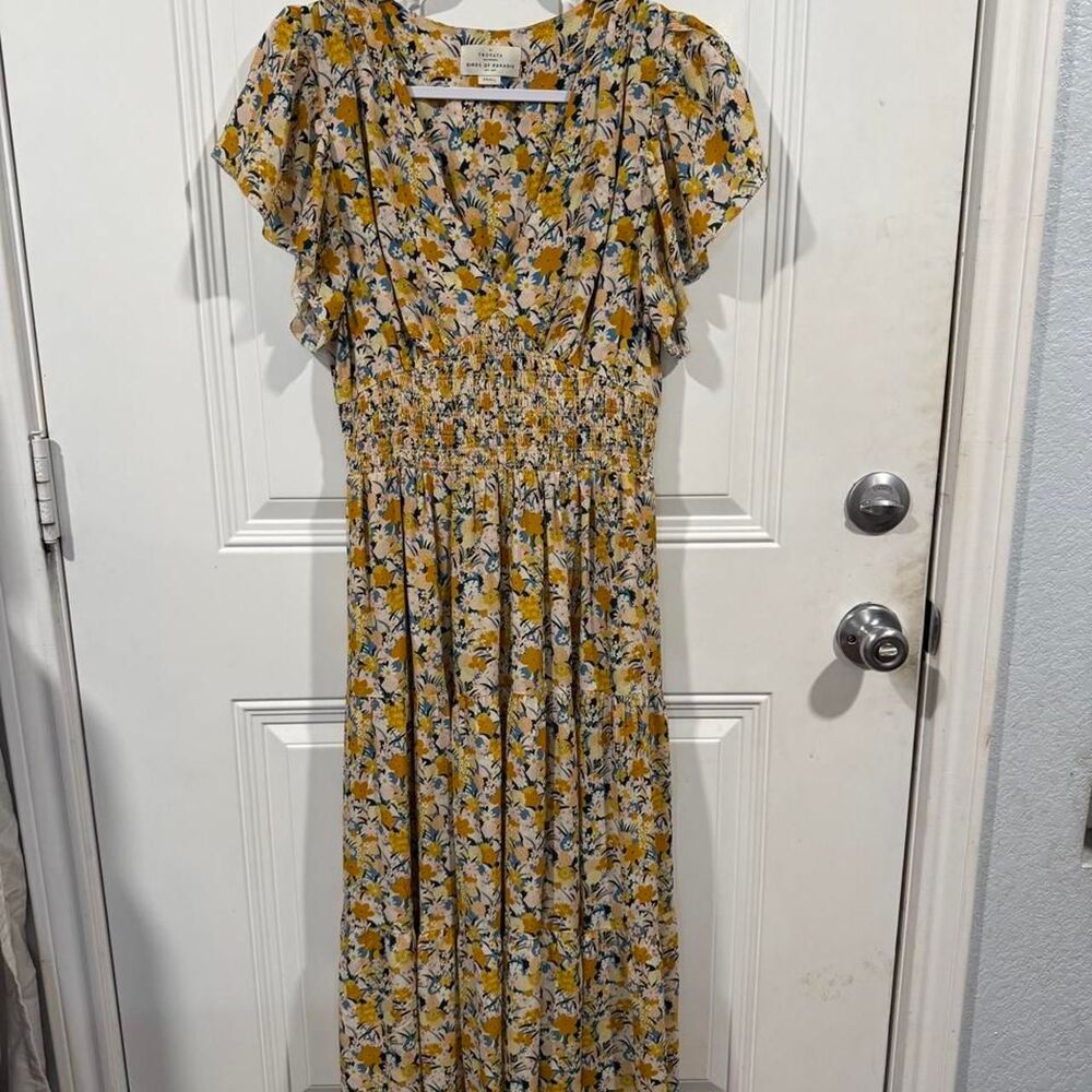 Birds of Paradis by Trovata Floral Midi Yellow Blue Smocked V Neck Cottagecore